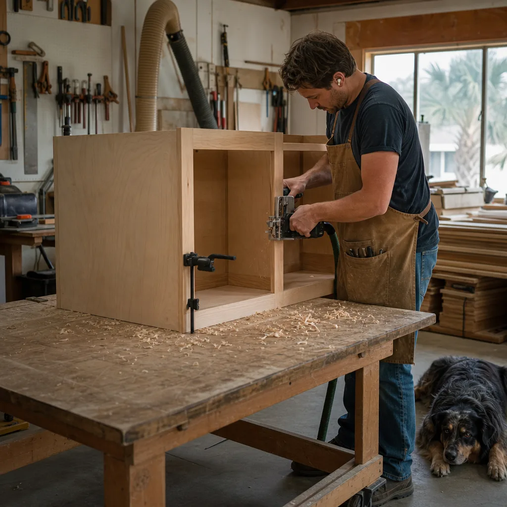 Cabinetmaker building custom kitchen cabinets in a St. Augustine woodworking shop