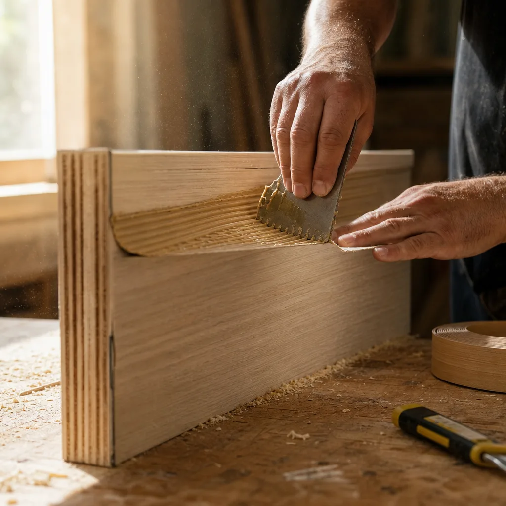 Hands applying moisture-resistant veneer to custom cabinet panel in St. Augustine