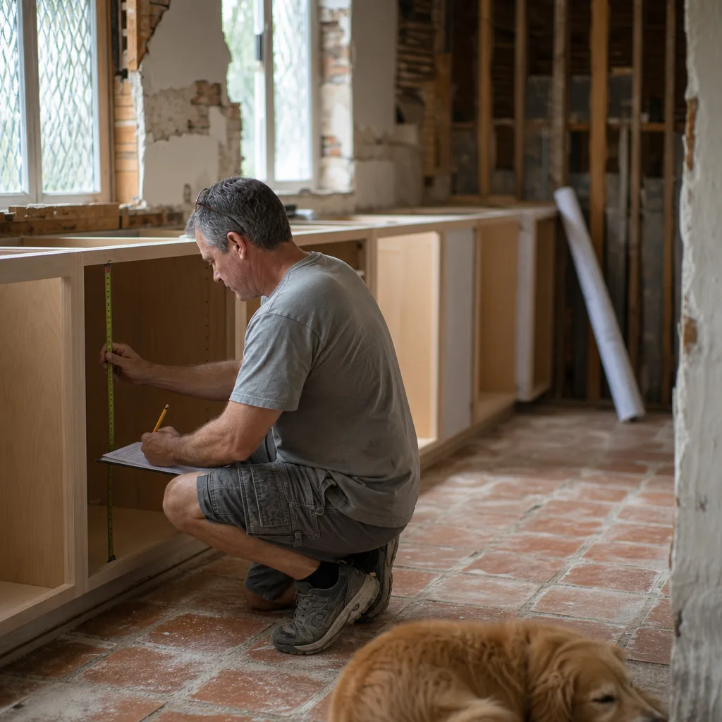 Remodeler measuring kitchen cabinet layout during design planning in St. Augustine home