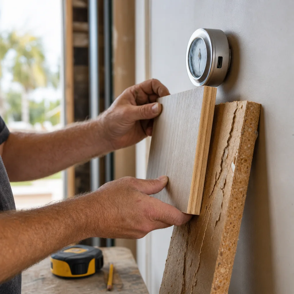 Hands comparing humidity-resistant cabinet material samples for St. Augustine kitchen design