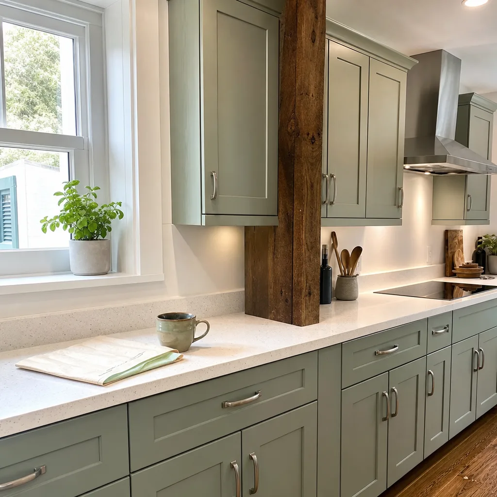 Finished kitchen cabinets installed around structural beam in St. Augustine remodel