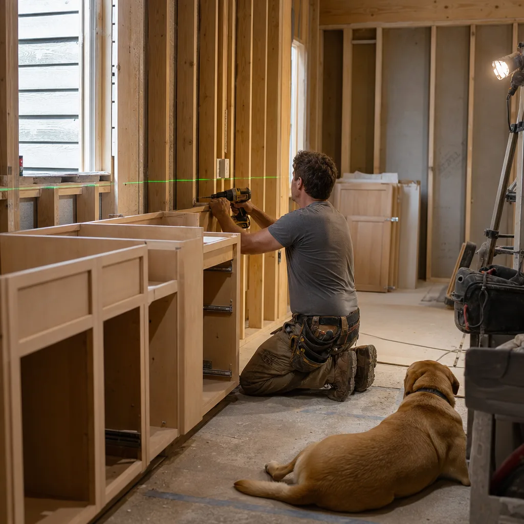 Remodeler leveling kitchen cabinet boxes during installation in a St. Augustine home