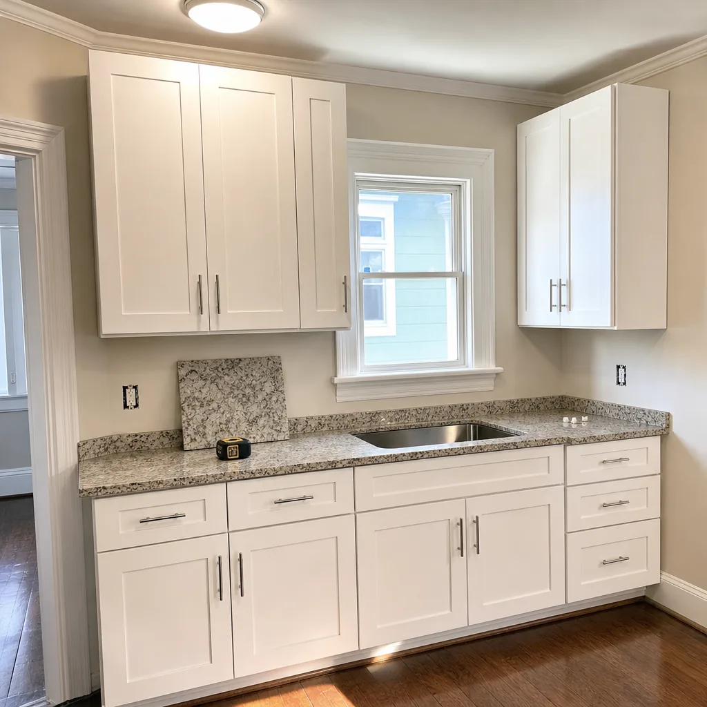 Finished white shaker cabinets installed in a St. Augustine kitchen remodel