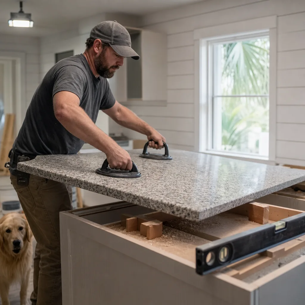 Remodeler lowering granite countertop slab onto cabinets during St. Augustine kitchen installation