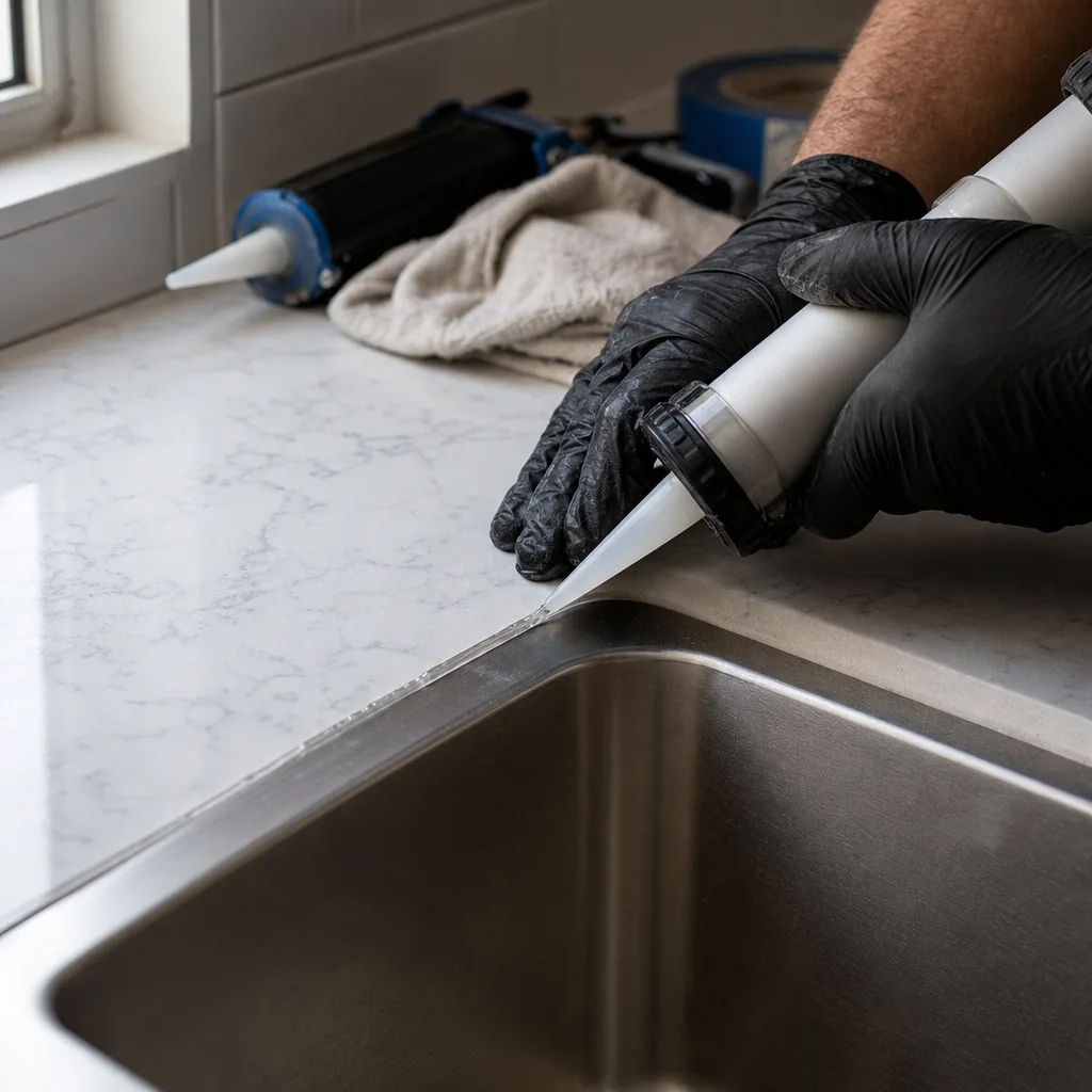 Hands sealing quartz countertop seam with caulk during St. Augustine installation project