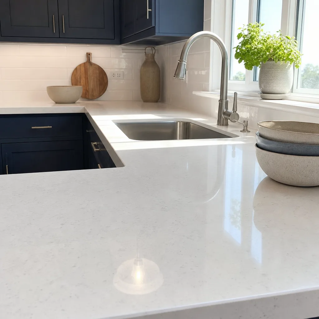 Finished white quartz countertop installed in renovated St. Augustine kitchen with navy cabinets