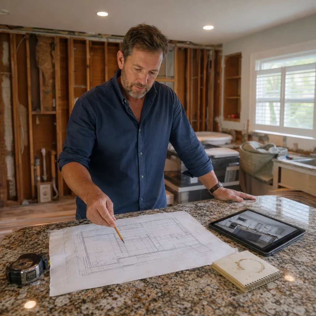 Kitchen remodeler reviewing layout plan in St. Augustine home renovation project