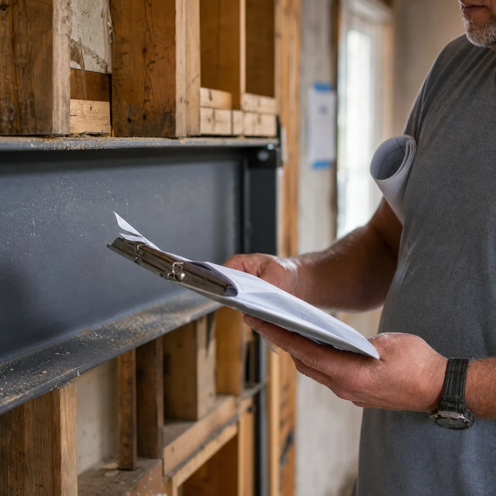 Remodeler holding permit paperwork near structural wall during kitchen design project