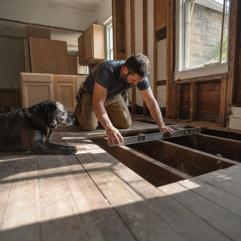 Remodeler inspecting floor joists in older St. Augustine home during kitchen renovation