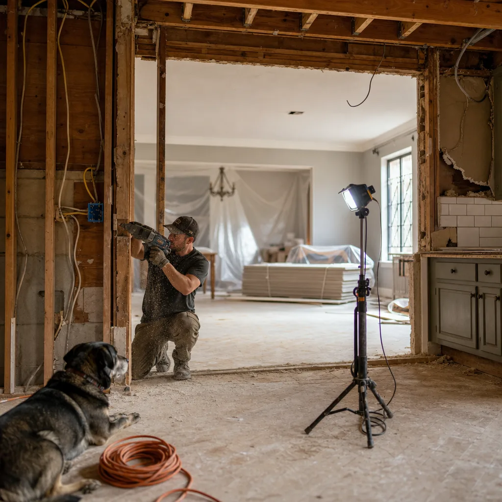 Remodeler cutting load-bearing wall stud during kitchen expansion in St. Augustine