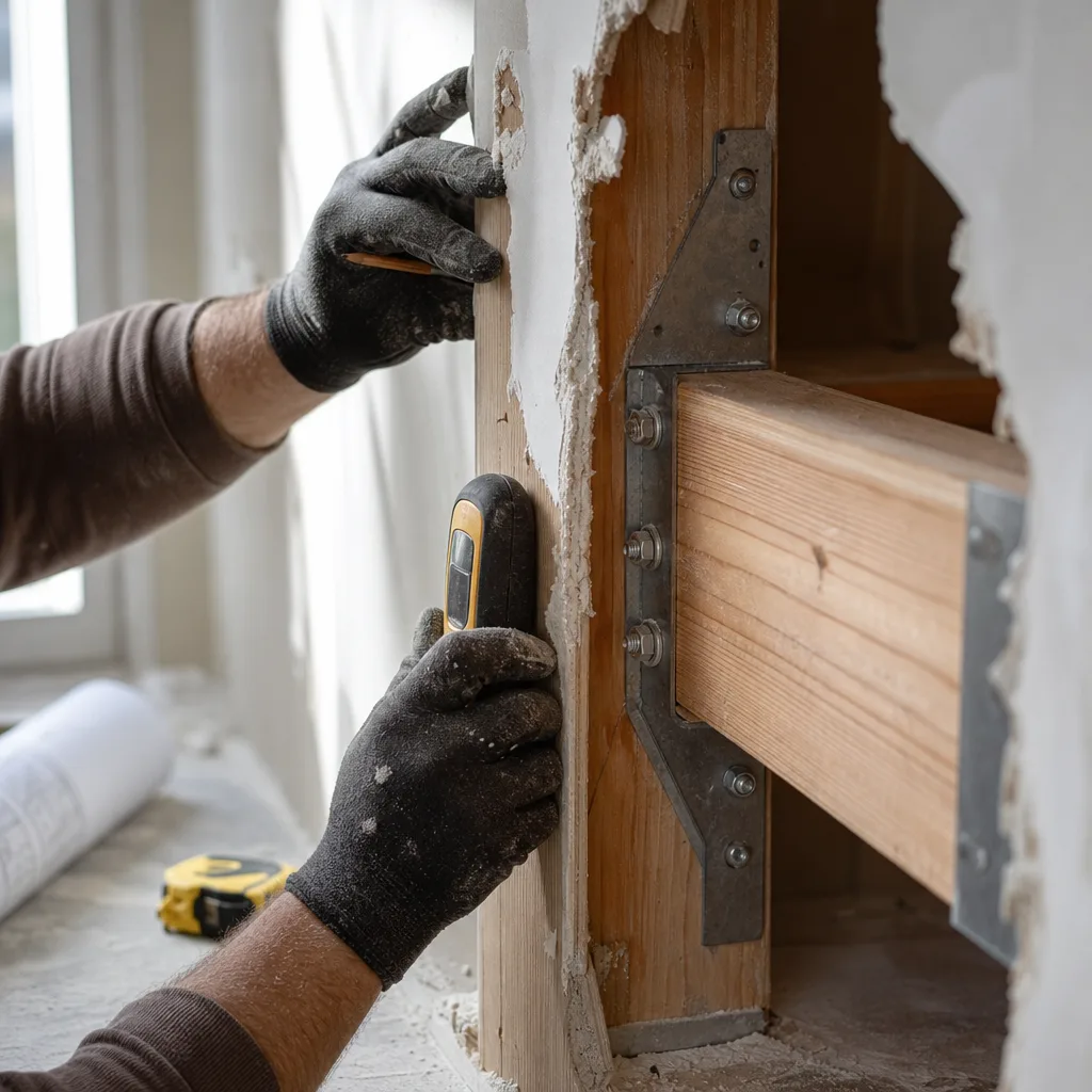 Close-up of LVL beam bracket during kitchen expansion permit work in St. Augustine