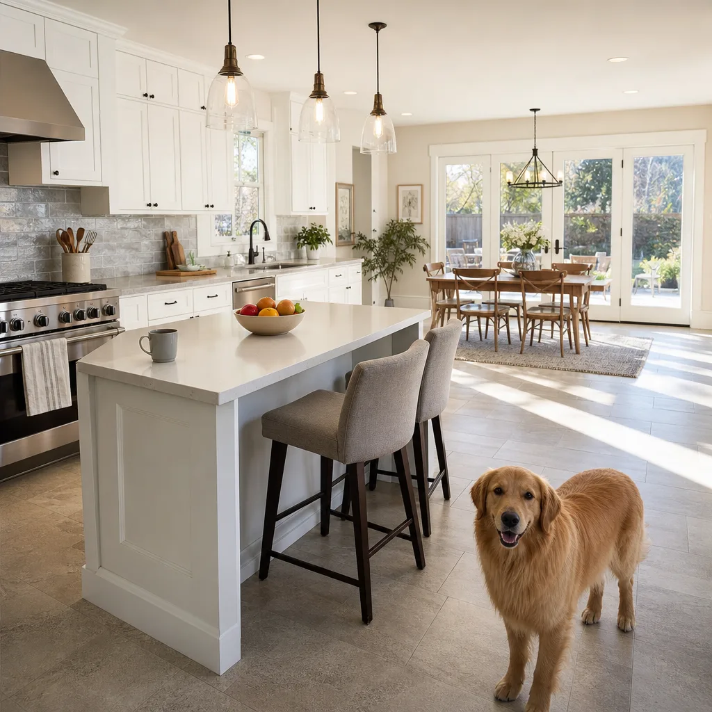 Finished open kitchen expansion with island and patio doors in St. Augustine home