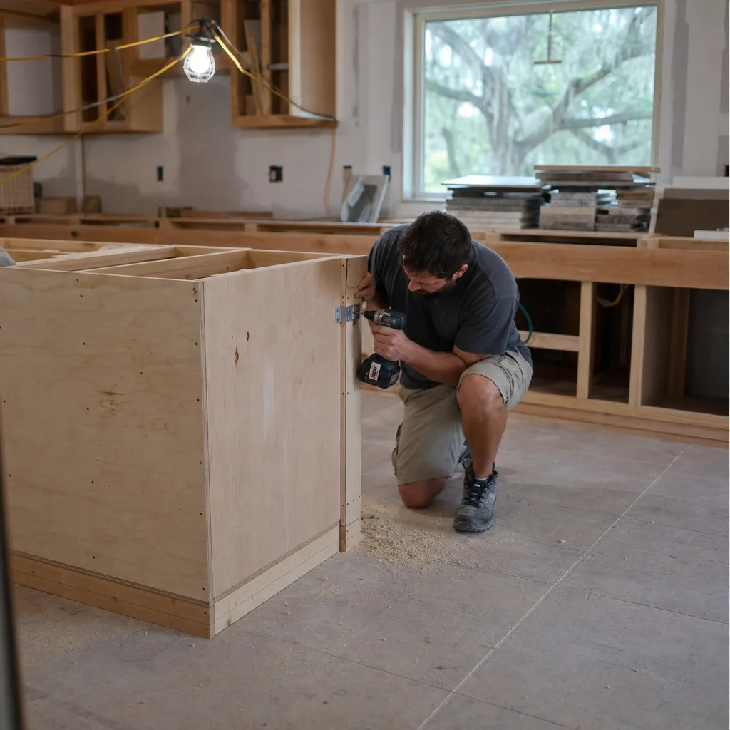 Remodeler assembling kitchen island cabinet frame during addition project in St. Augustine home
