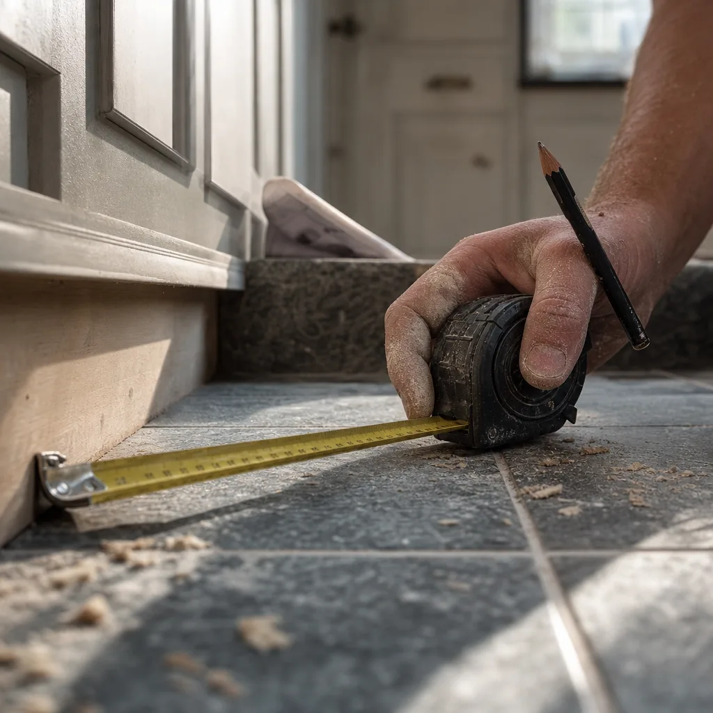 Measuring tape checking kitchen floor clearance for island addition space in St. Augustine
