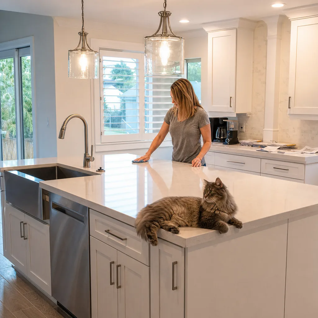 Completed kitchen island addition with quartz countertop in renovated St. Augustine home kitchen
