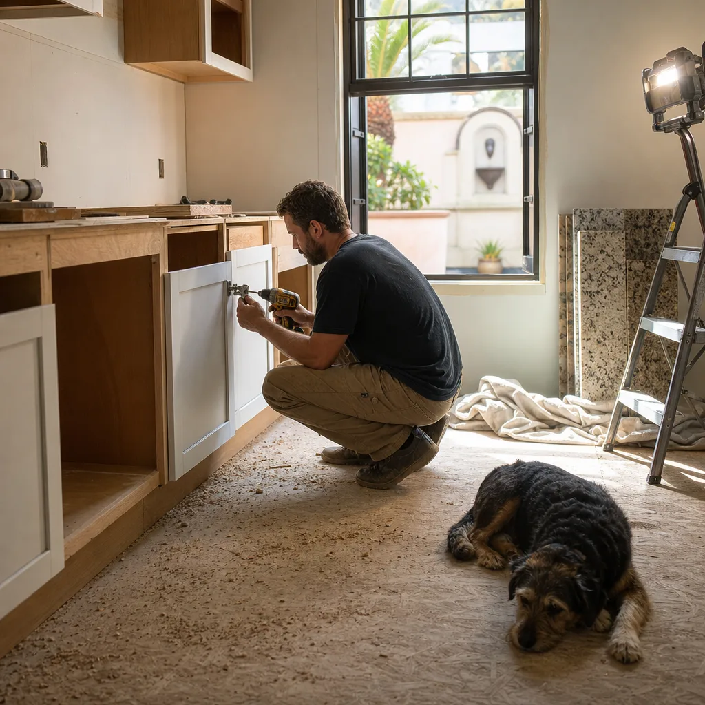 Remodeler installs cabinet hinge during kitchen renovation in St. Augustine home
