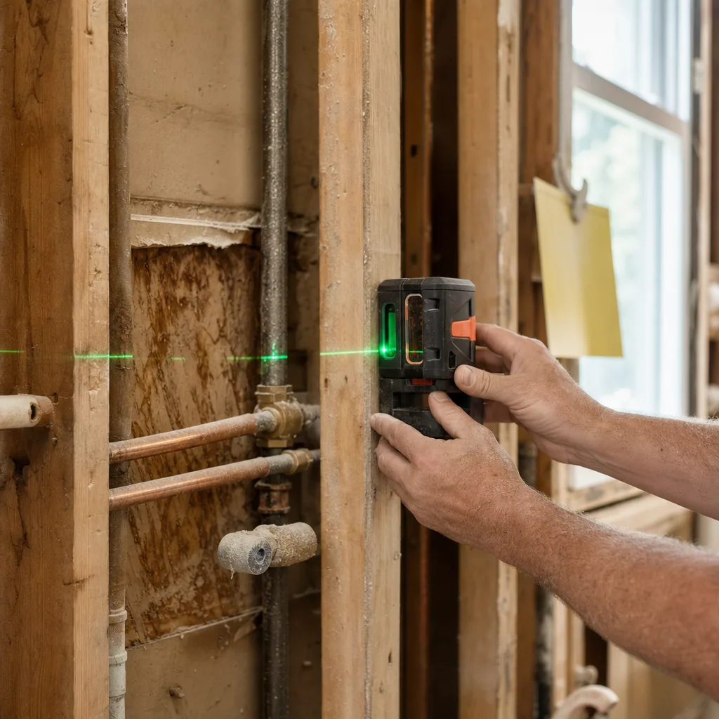 Hands checking plumbing line during permitted kitchen renovation in St. Augustine