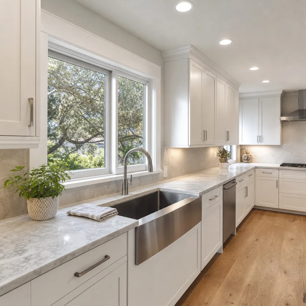 Completed kitchen renovation with quartz counters in St. Augustine home