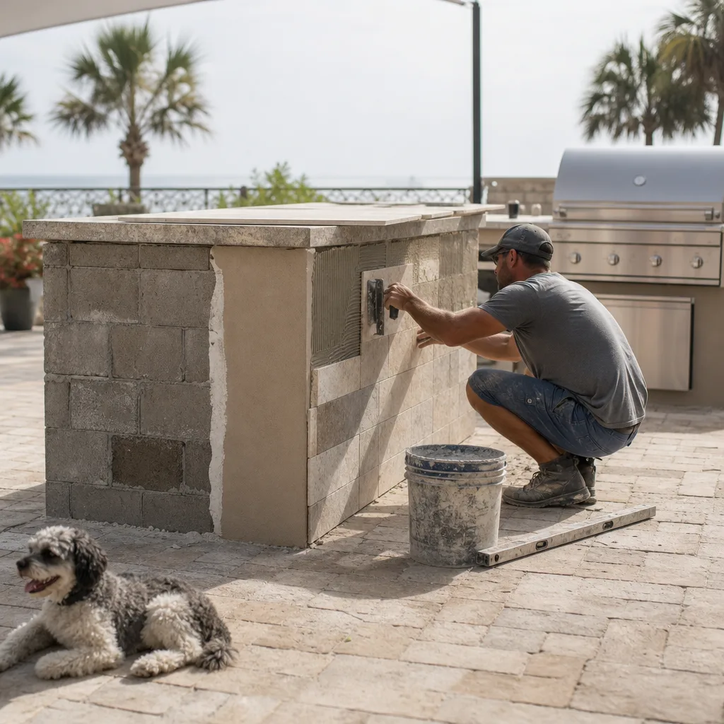Remodeler tiling outdoor kitchen island during remodel in St. Augustine patio