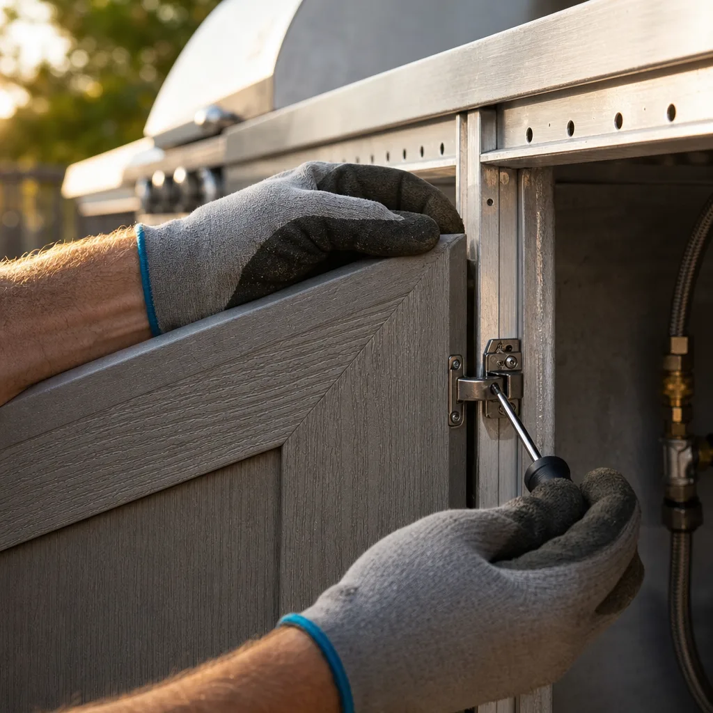 Installing humidity-resistant cabinet door on St. Augustine outdoor kitchen remodel