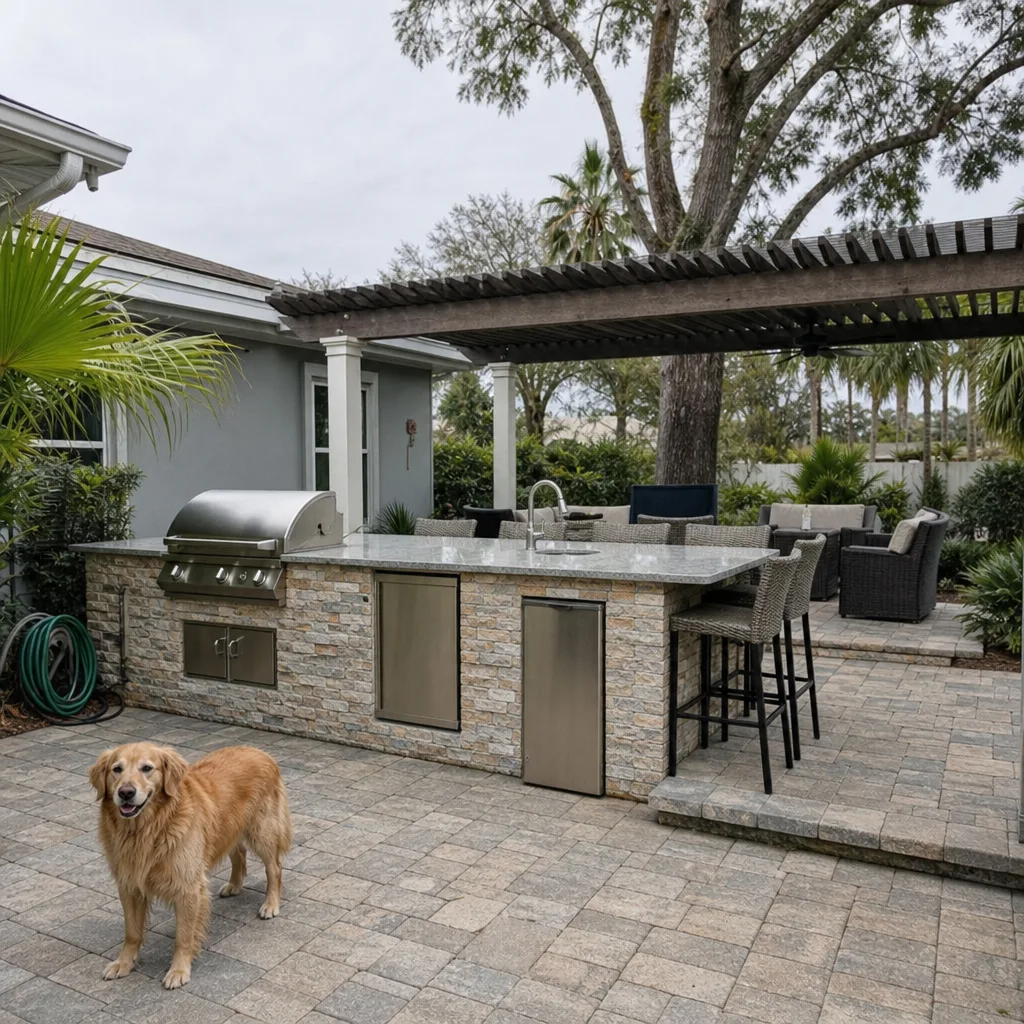 Completed outdoor kitchen remodel with stone island in St. Augustine backyard